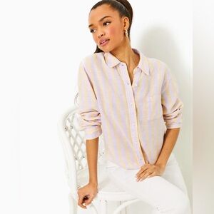 Lilly Pulitzer Coralynn Button Down Shirt  in Gold and Cream Striped M